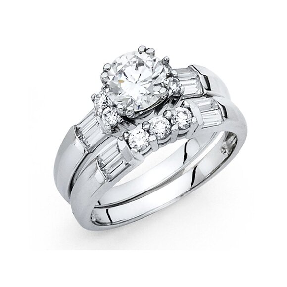 New Solid 14k Solid White Gold Round Engagement Ring & Band 2pc set size 7